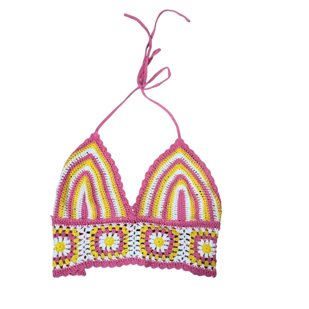 Princess Polly Pink Yellow Crochet Granny Square Halter Crop Top M/L